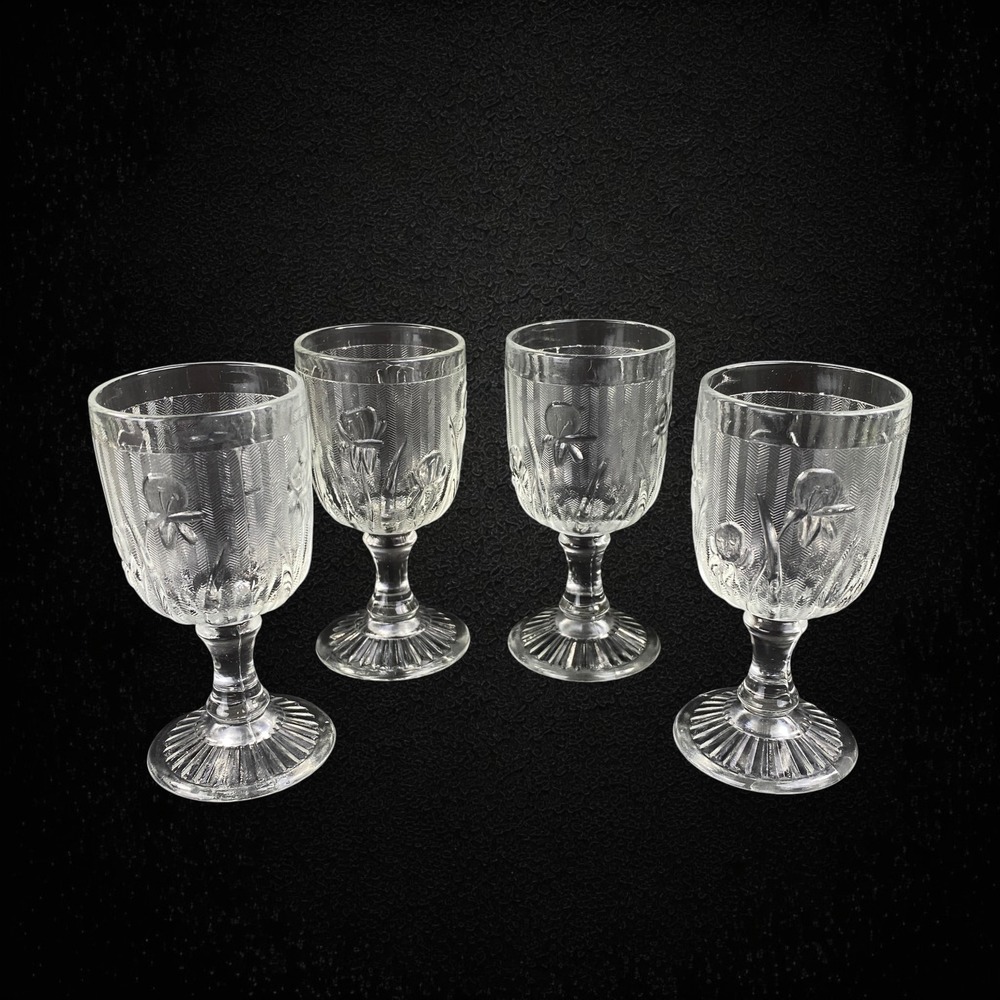 Jeannette Iris and Herringbone Clear Wine Cordial Glass Set 4 1928-1932 Vintage